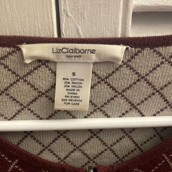 Liz Claiborne maroon and tan grid pattern zip up sweater - Picture 3 of 4